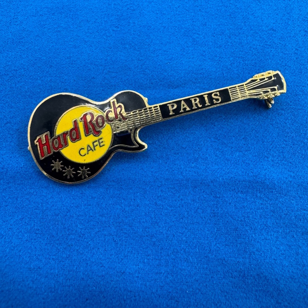 Hard Rock‎ Cafe Paris Guitar Pin Gold Tone Black Enamel Collectible Brooch